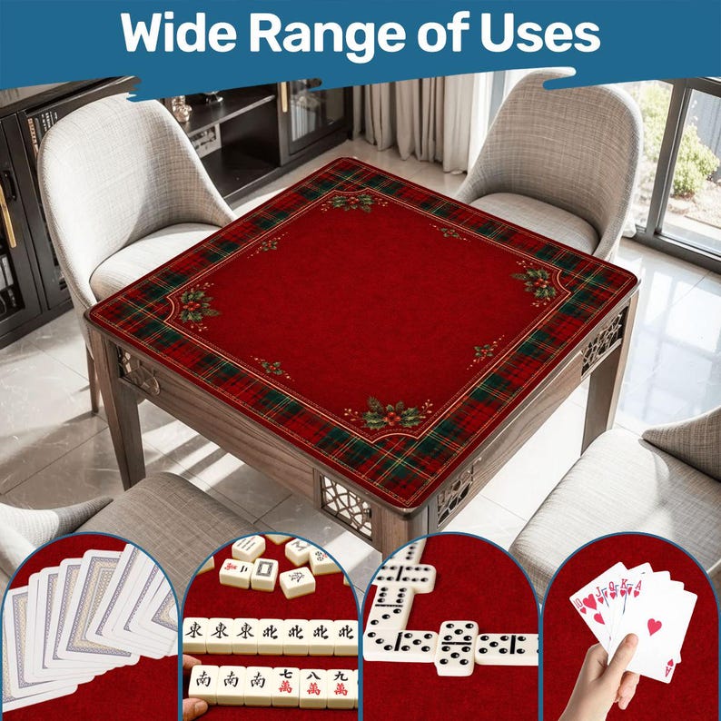 Christmas Mahjong Mat Red Plaid Holly Design, Holiday Mahjong Mat, Festive Game Night Gift