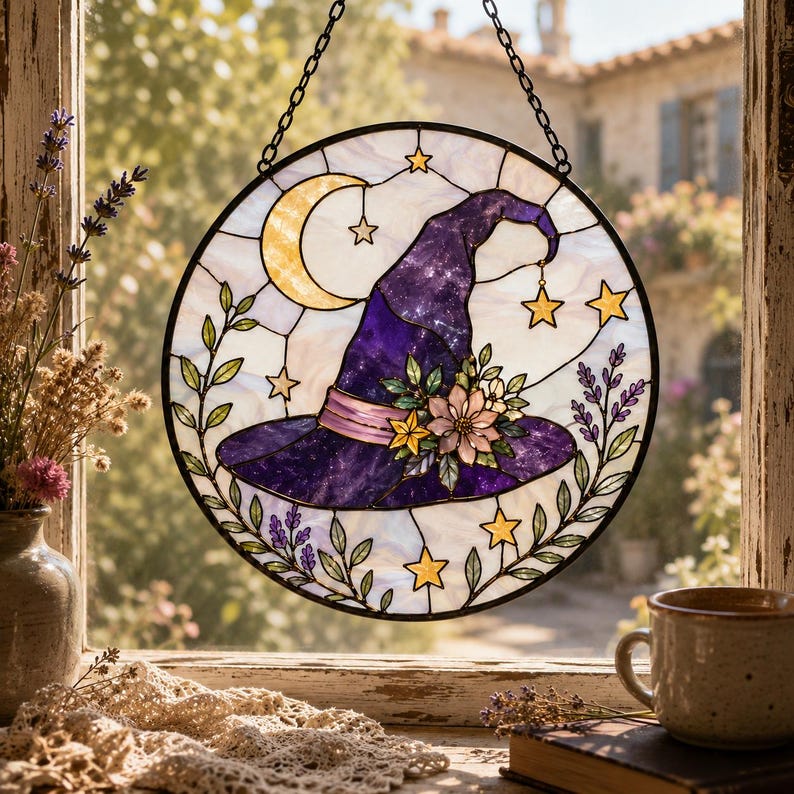 Witch Hat Suncatcher, Halloween Window Hanging for Witchy Decor Lovers, Purple Stained Glass Style Gift