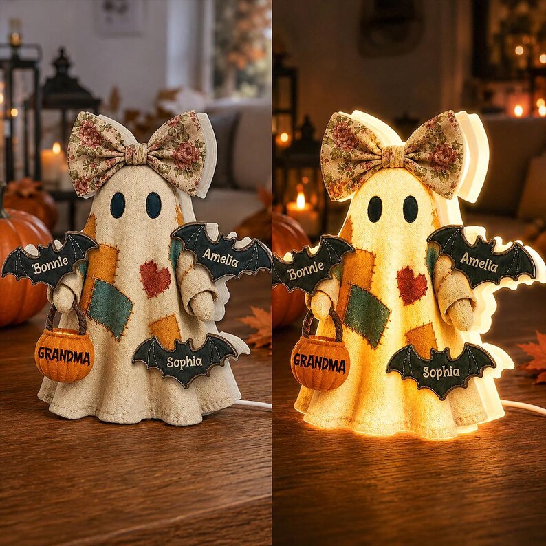 Vintage Patchwork Ghost Grandma LED Light Box, Christmas Night Light, Gift for Grandma, Grandkids, Halloween Decor