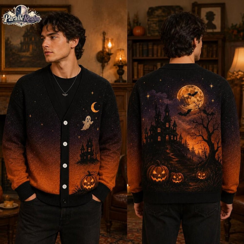 Halloween Cardigan Sweater, Haunted House Pumpkin Print, Spooky Ghost Moon Top, Button Up Knit