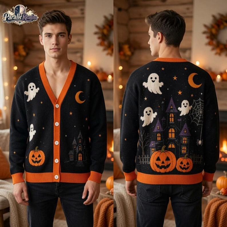 Halloween Cardigan 2026, Spooky Ghost Pumpkin Sweater, Haunted House Knitwear, Cozy Fall Top