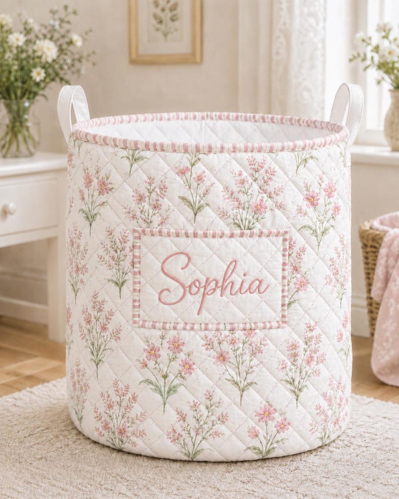 Personalized Floral Laundry Basket, Custom Name Quilted Storage Bin, Pastel Flower Nursery Hamper, Clothes Basket