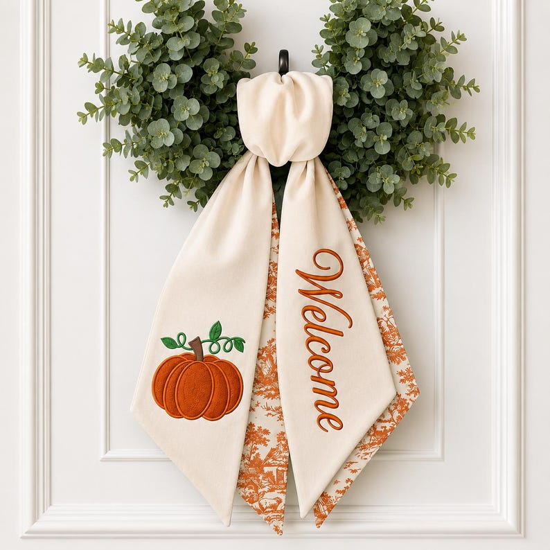 Thanksgiving Wreath Sash, Personalized Seasonal Pumpkin Monogram Door Sash, Seersucker Embroidered Fall Wreath Bow