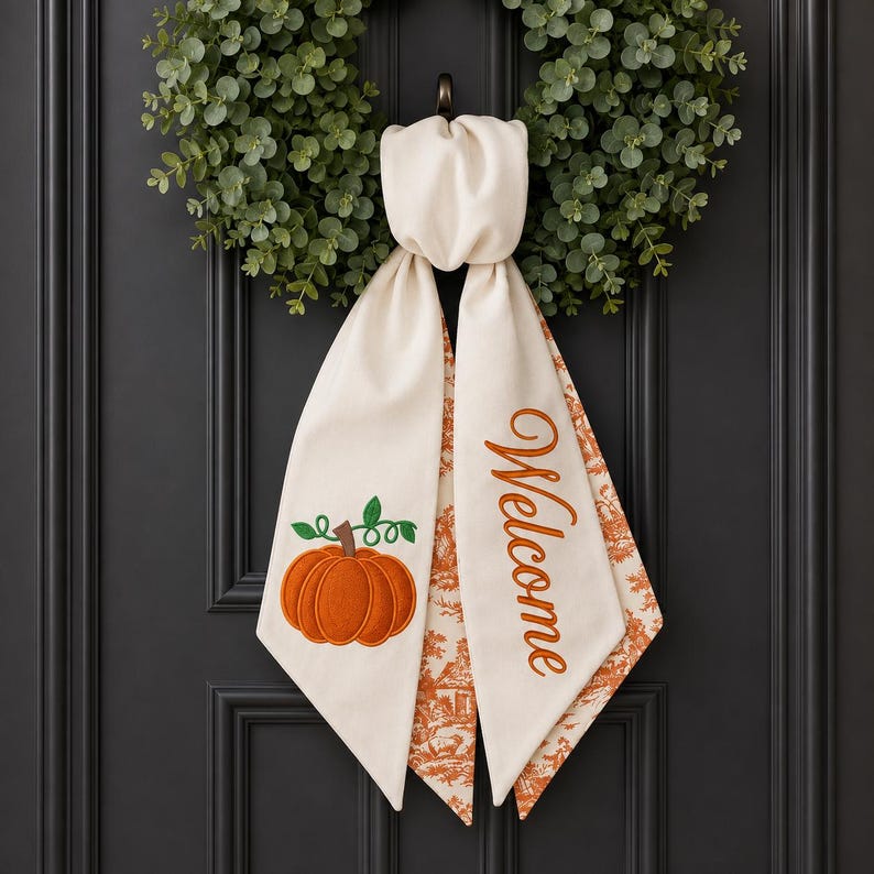 Thanksgiving Wreath Sash, Personalized Seasonal Pumpkin Monogram Door Sash, Seersucker Embroidered Fall Wreath Bow