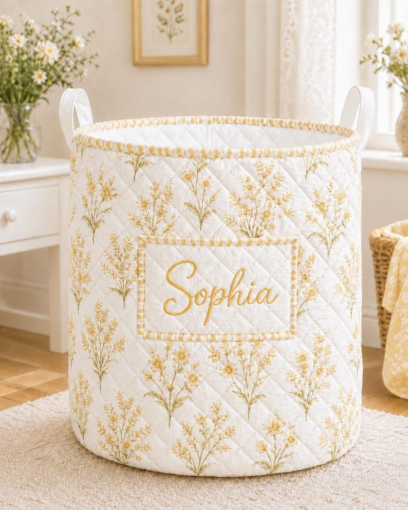 Personalized Floral Laundry Basket, Custom Name Quilted Storage Bin, Pastel Flower Nursery Hamper, Clothes Basket