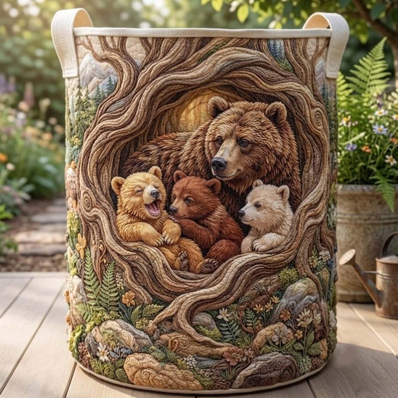 Bear Family Quilted Laundry Basket, Woodland Forest Storage Bin, Housewarming Gifts
