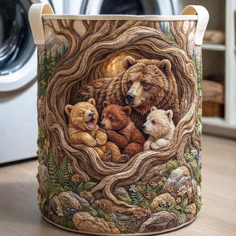 Bear Family Quilted Laundry Basket, Woodland Forest Storage Bin, Housewarming Gifts