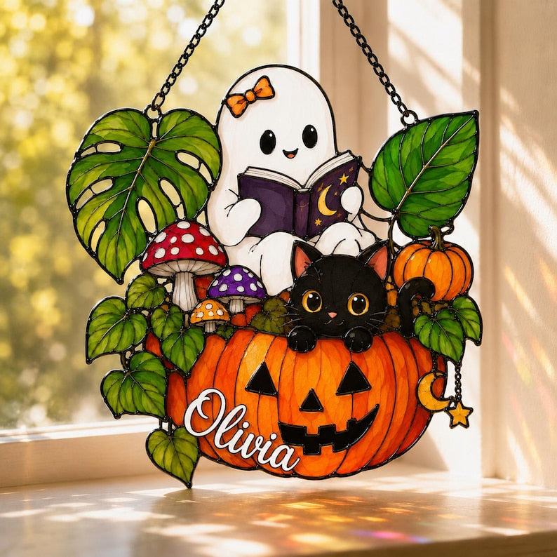 Halloween Suncatcher Personalized, Custom Name Acrylic Ornament, Ghost Cat Pumpkin, Halloween Window Decor Gift
