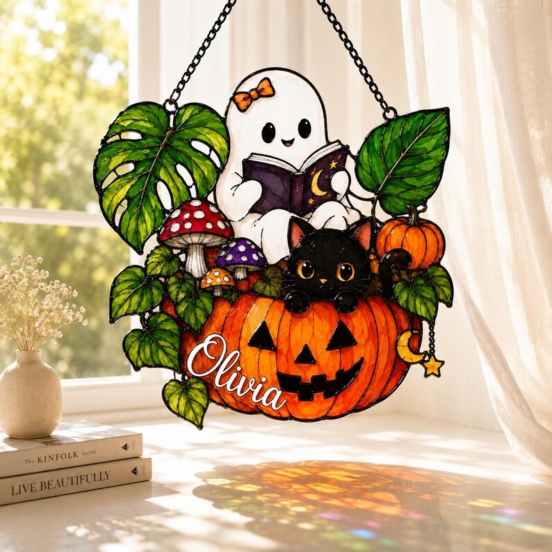 Halloween Suncatcher Personalized, Custom Name Acrylic Ornament, Ghost Cat Pumpkin, Halloween Window Decor Gift
