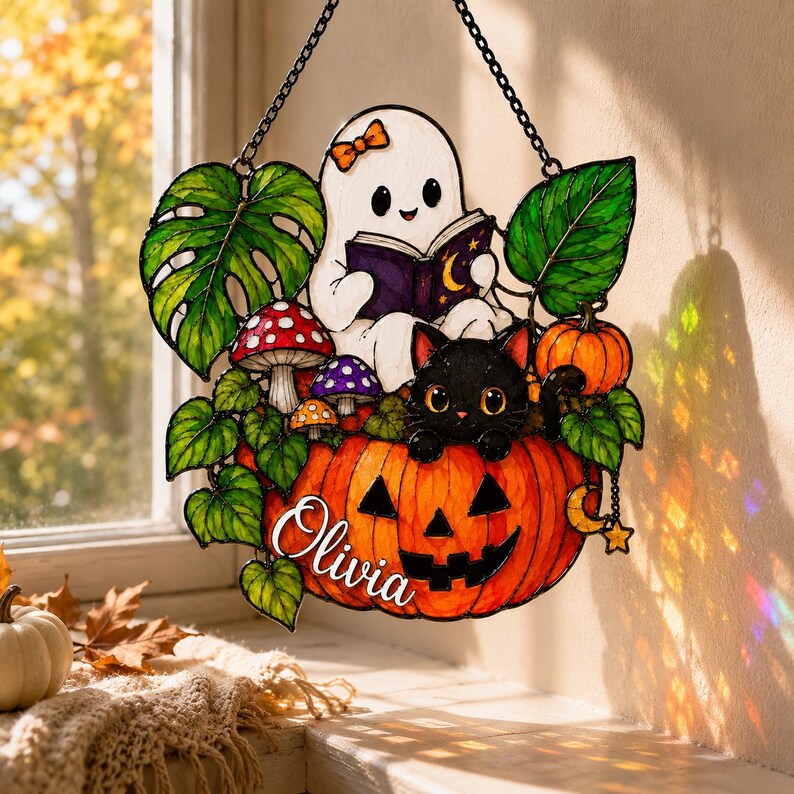 Halloween Suncatcher Personalized, Custom Name Acrylic Ornament, Ghost Cat Pumpkin, Halloween Window Decor Gift