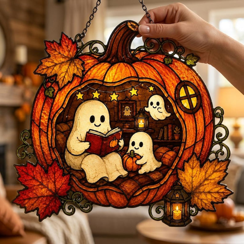 Cozy Reading Ghost Pumpkin Suncatcher, Halloween Window Art, Faux Stained Glass Autumn Decor