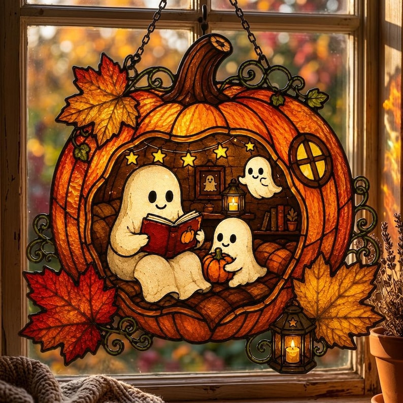 Cozy Reading Ghost Pumpkin Suncatcher, Halloween Window Art, Faux Stained Glass Autumn Decor