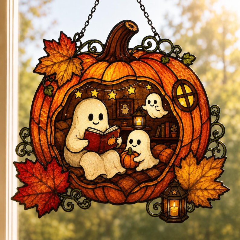 Cozy Reading Ghost Pumpkin Suncatcher, Halloween Window Art, Faux Stained Glass Autumn Decor