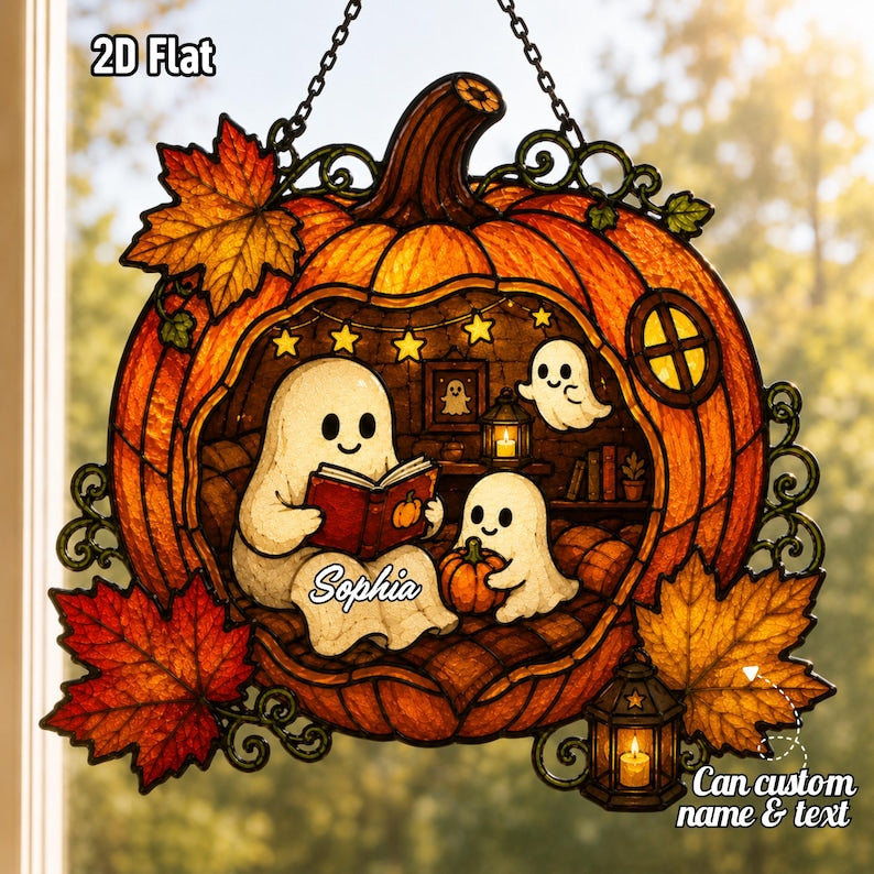 Cozy Reading Ghost Pumpkin Suncatcher, Halloween Window Art, Faux Stained Glass Autumn Decor