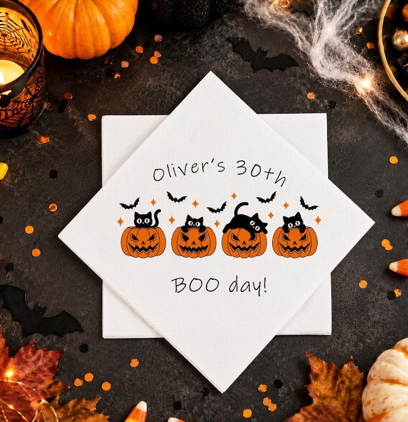 Personalized 30th Halloween Birthday Napkins, Black Cat Pumpkin Cocktail Napkins, Halloween Birthday Party Decor