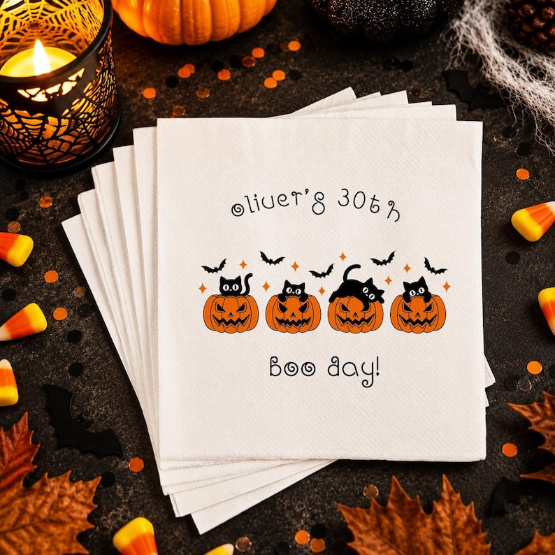 Personalized 30th Halloween Birthday Napkins, Black Cat Pumpkin Cocktail Napkins, Halloween Birthday Party Decor