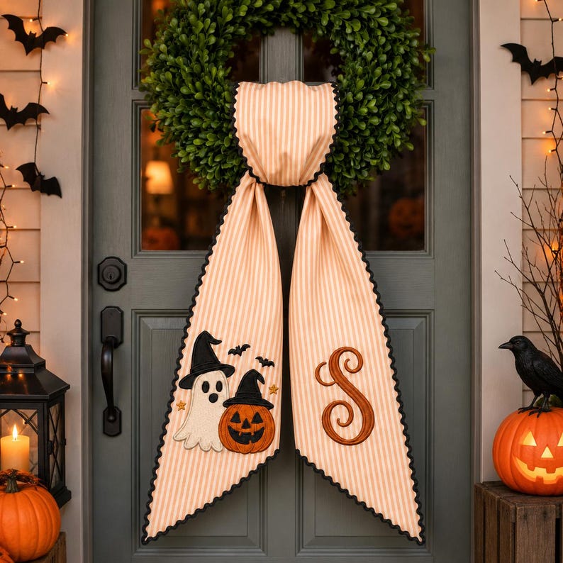 Personalized Halloween Wreath Sash Bow, Custom Ghost Pumpkin Door, Monogram Front Door Wreath