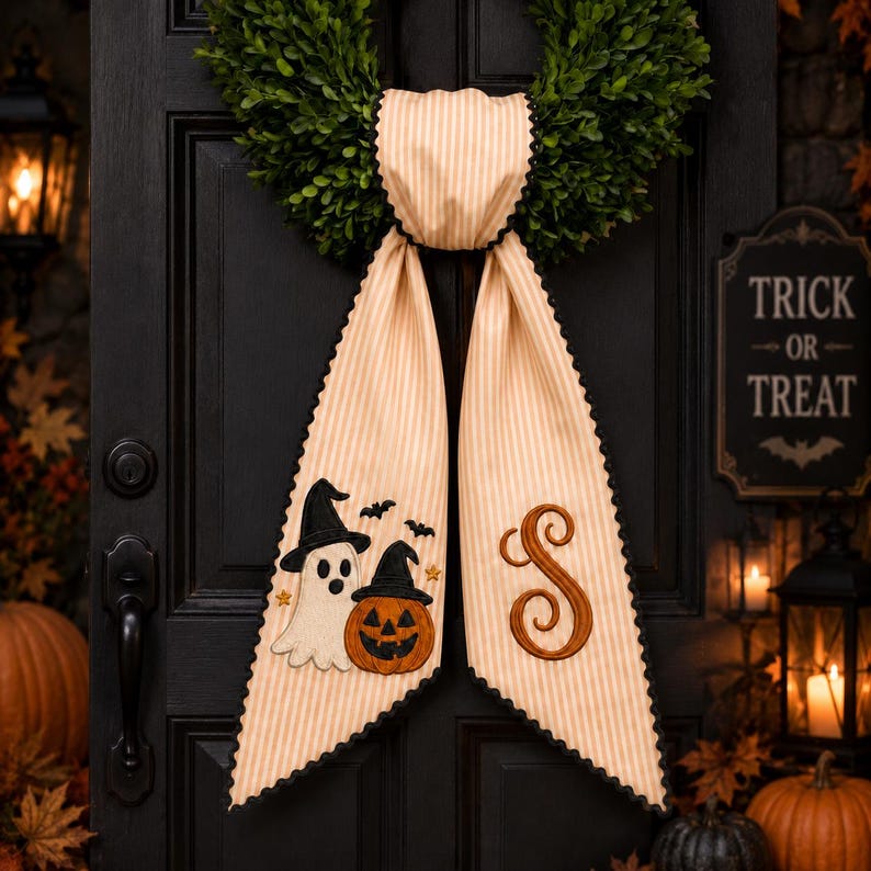 Personalized Halloween Wreath Sash Bow, Custom Ghost Pumpkin Door, Monogram Front Door Wreath
