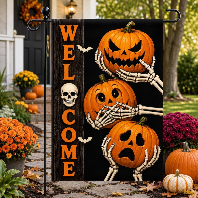Funny Halloween Garden Flag, Pumpkin Skeleton Welcome Yard Decor, Jack O Lantern Outdoor Flag