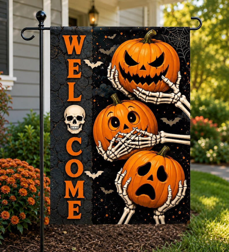 Funny Halloween Garden Flag, Pumpkin Skeleton Welcome Yard Decor, Jack O Lantern Outdoor Flag