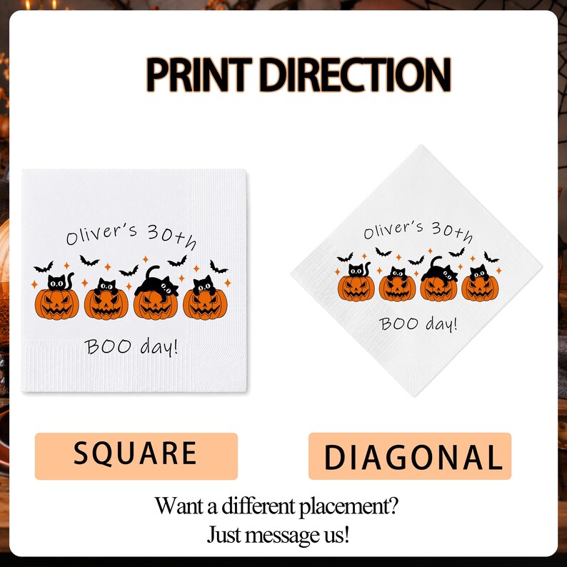 Personalized 30th Halloween Birthday Napkins, Black Cat Pumpkin Cocktail Napkins, Halloween Birthday Party Decor