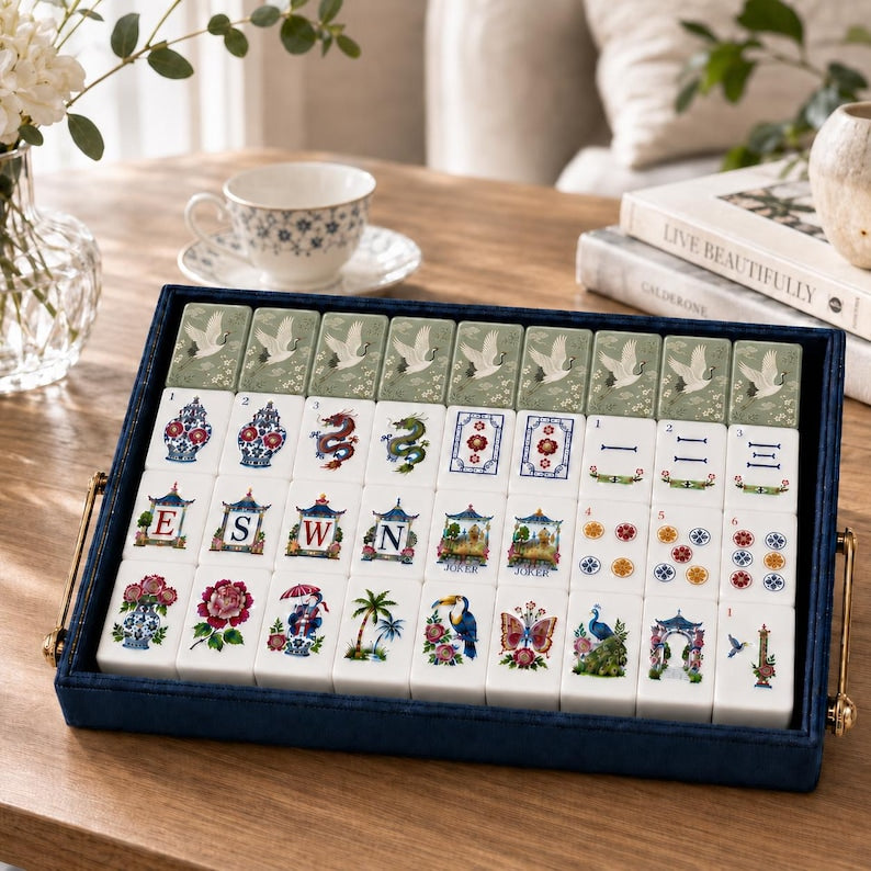 Sage Green Crane Porcelain Mahjong Tiles Included Box, Chinoiserie Luxury American Mahjong Tiles Set