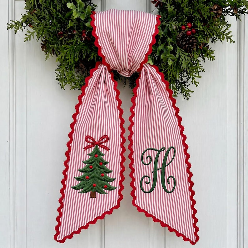 Personalized Christmas Tree Wreath Sash, Pink Stripe Monogram Door Bow, Embroidered Holiday Front Door Decor
