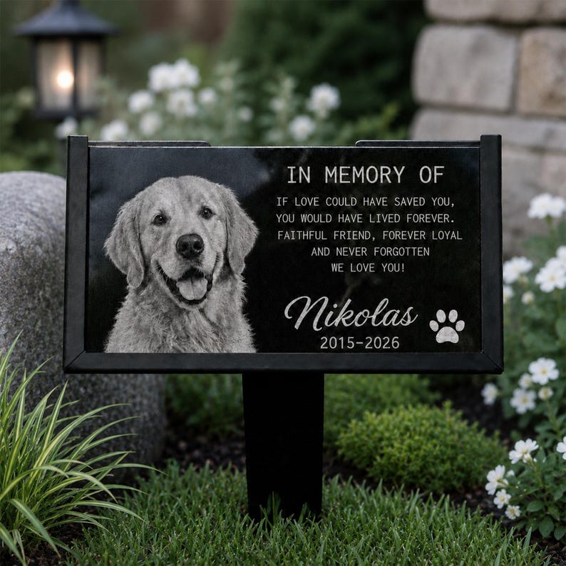 Custom Dog Memorial Stone, Personalized Sympathy Photo Gift, Engraved Granite Grave Marker, Pet Loss Gift