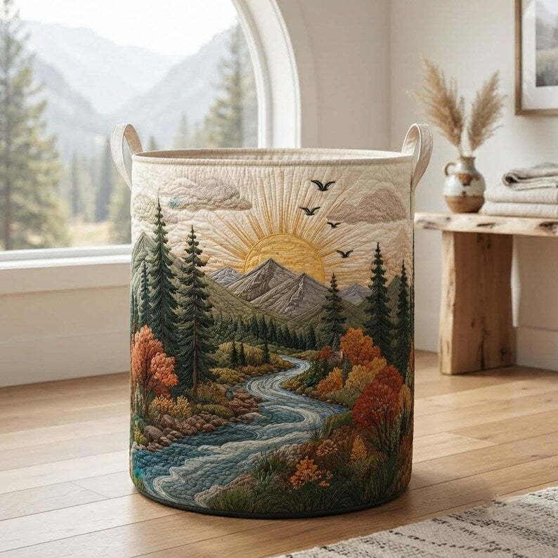 Majestic Mountain Quilted Laundry Basket, Nature Landscape Hamper, Forest Sunset Storage Bin