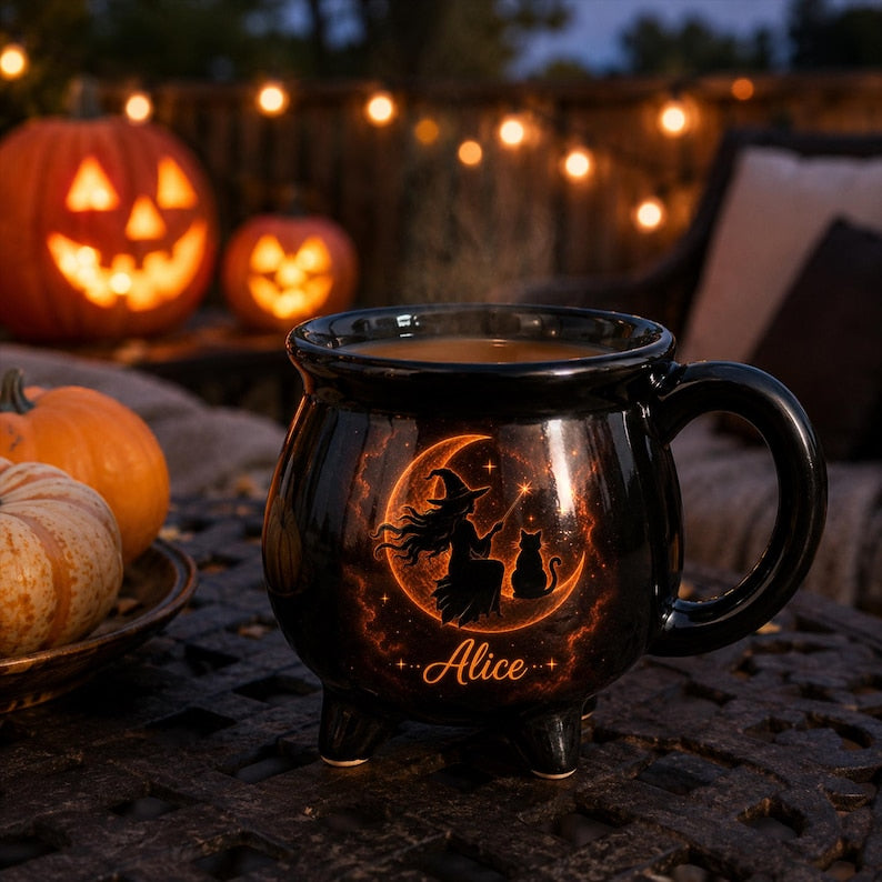 Personalized Cauldron Mug, Witchy Coffee Cup, Black Cat Moon Design
