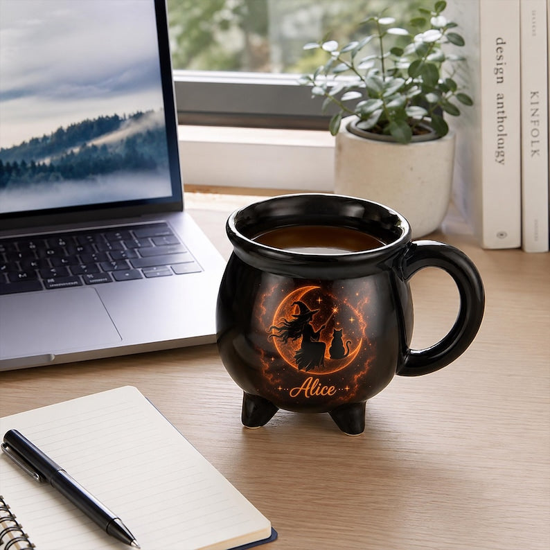 Personalized Cauldron Mug, Witchy Coffee Cup, Black Cat Moon Design