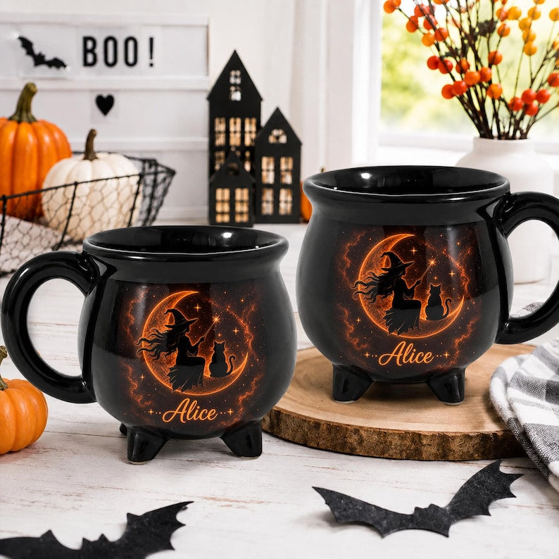 Personalized Cauldron Mug, Witchy Coffee Cup, Black Cat Moon Design