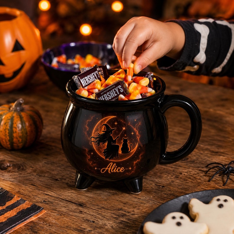 Personalized Cauldron Mug, Witchy Coffee Cup, Black Cat Moon Design