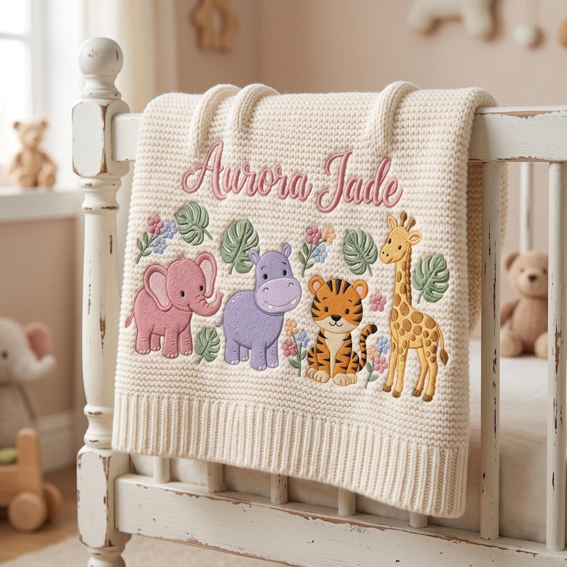 Personalized Safari Baby Blanket Name, Custom Embroidered Elephant Giraffe Keepsake Newborn