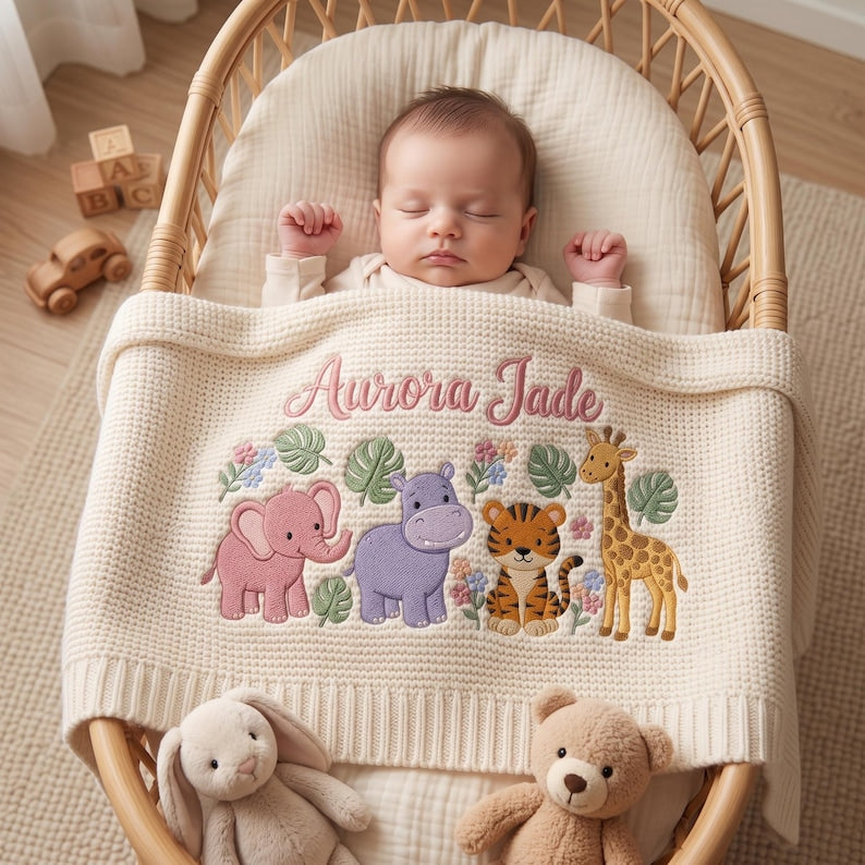 Personalized Safari Baby Blanket Name, Custom Embroidered Elephant Giraffe Keepsake Newborn