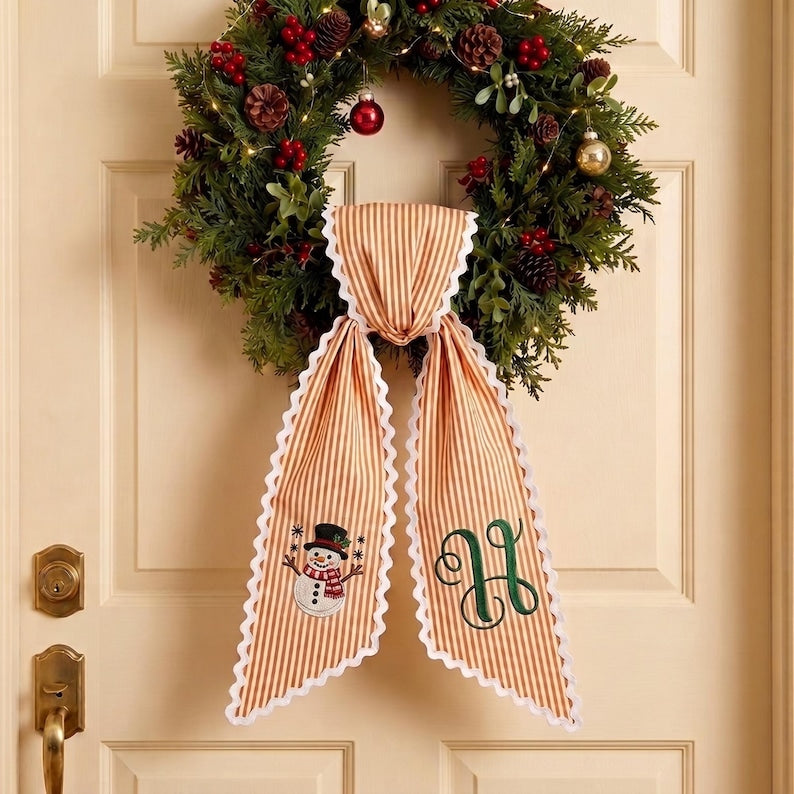 Personalized Christmas Tree Wreath Sash, Embroidered Holiday Decor, Christmas Front Door Decor