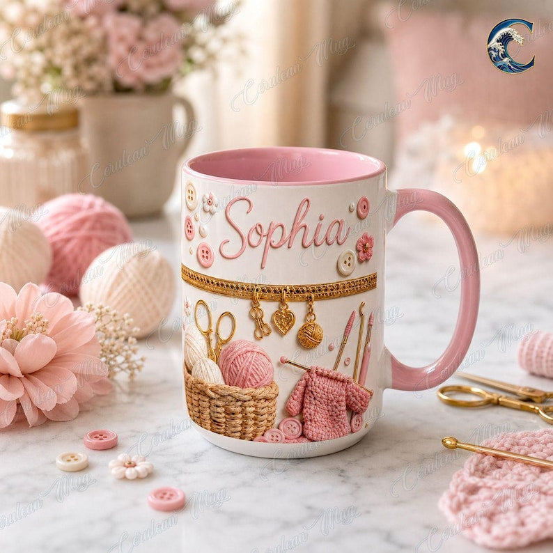 Custom Name Knitting Lover Mug, Crochet Yarn Basket Coffee Mug, Knitter Gift Mug, Pink Gold Yarn Lover Mug