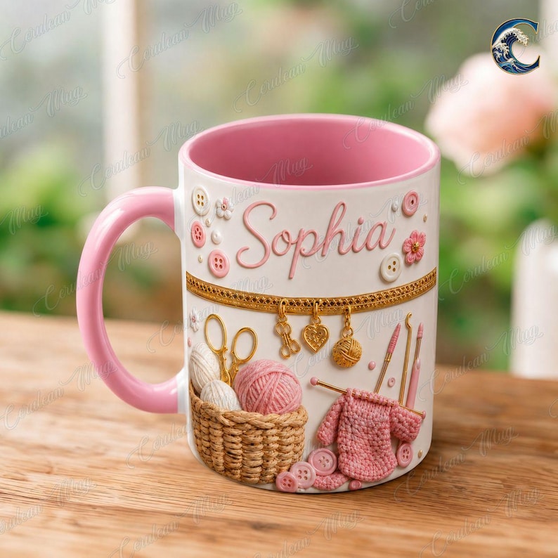 Custom Name Knitting Lover Mug, Crochet Yarn Basket Coffee Mug, Knitter Gift Mug, Pink Gold Yarn Lover Mug