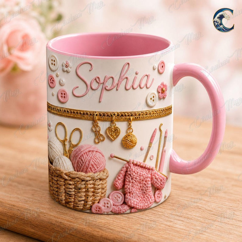 Custom Name Knitting Lover Mug, Crochet Yarn Basket Coffee Mug, Knitter Gift Mug, Pink Gold Yarn Lover Mug
