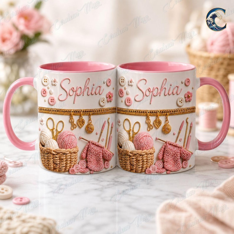 Custom Name Knitting Lover Mug, Crochet Yarn Basket Coffee Mug, Knitter Gift Mug, Pink Gold Yarn Lover Mug