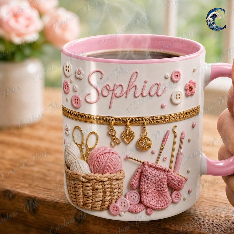 Custom Name Knitting Lover Mug, Crochet Yarn Basket Coffee Mug, Knitter Gift Mug, Pink Gold Yarn Lover Mug