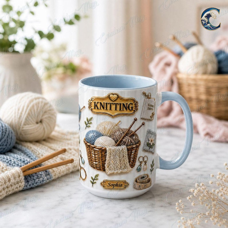 Custom Name Knitting Pattern Mug, Yarn Basket Knitter Coffee Mug, Boho Knitting Lover Gift Mug