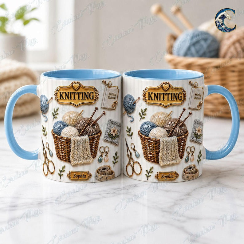 Custom Name Knitting Pattern Mug, Yarn Basket Knitter Coffee Mug, Boho Knitting Lover Gift Mug