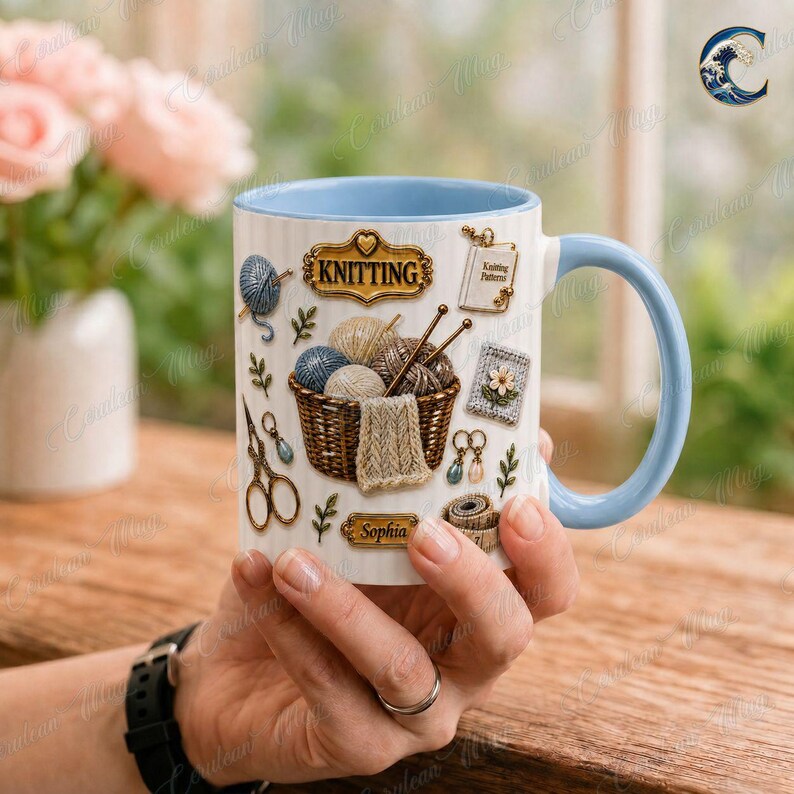Custom Name Knitting Pattern Mug, Yarn Basket Knitter Coffee Mug, Boho Knitting Lover Gift Mug