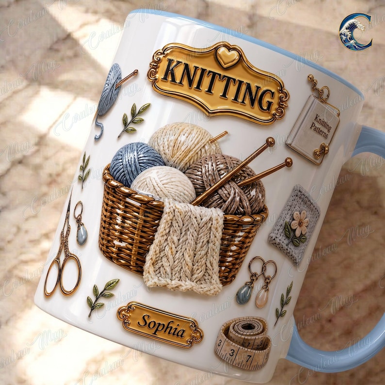 Custom Name Knitting Pattern Mug, Yarn Basket Knitter Coffee Mug, Boho Knitting Lover Gift Mug