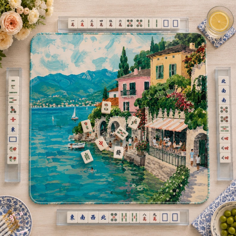 Lake Como Mahjong Mat, American Mahjong Mat, Italian Lakeside Village Mahjong Table Mat, Mediterranean Coastal Decor