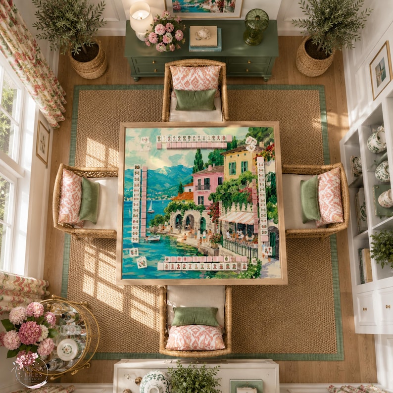 Lake Como Mahjong Mat, American Mahjong Mat, Italian Lakeside Village Mahjong Table Mat, Mediterranean Coastal Decor