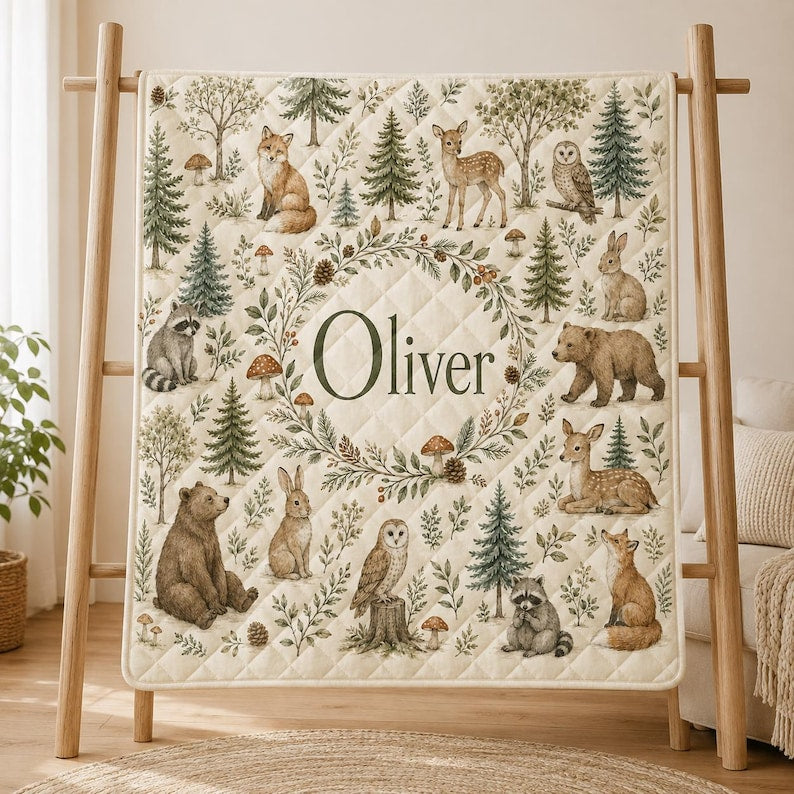 Personalized Woodland Animal Quilt Blanket, Custom Name Forest Nursery Decor, Baby Shower Gift