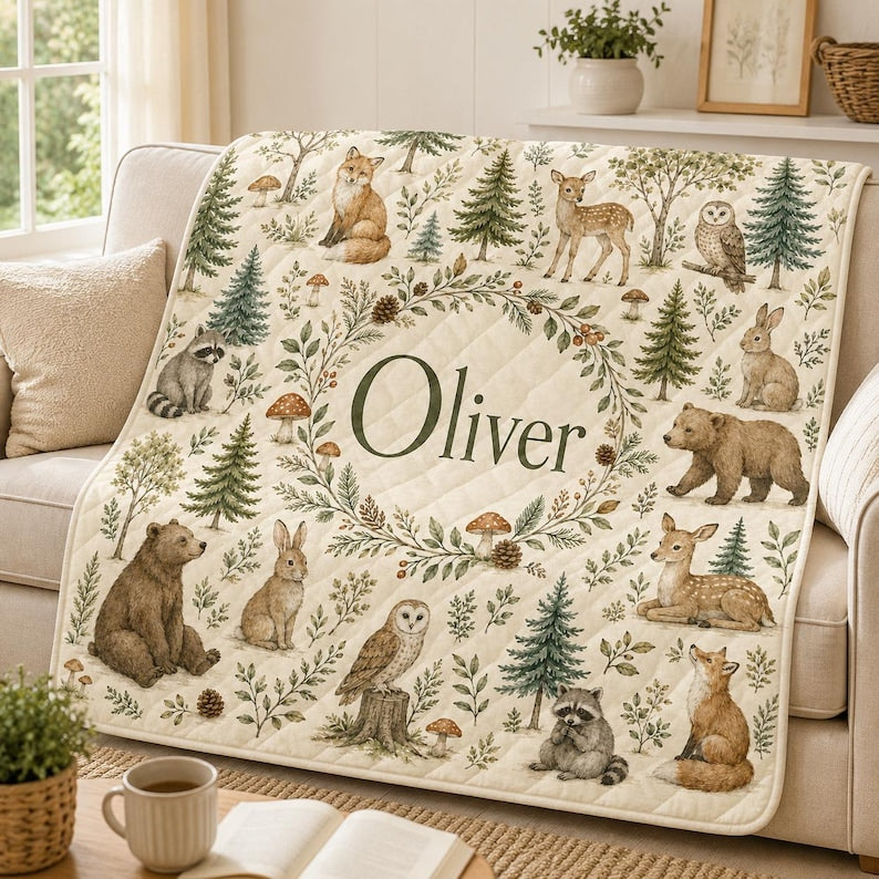 Personalized Woodland Animal Quilt Blanket, Custom Name Forest Nursery Decor, Baby Shower Gift