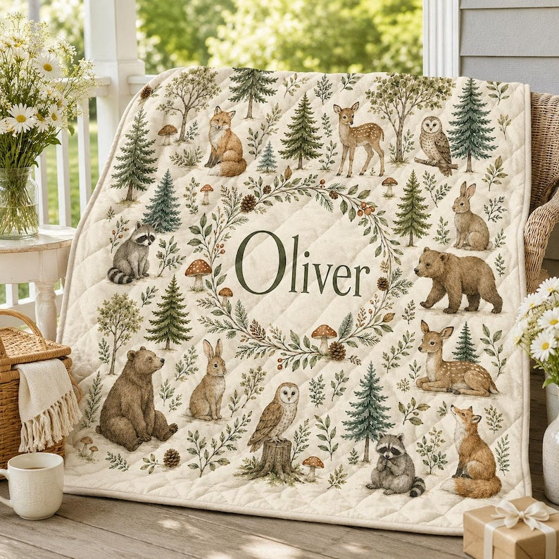 Personalized Woodland Animal Quilt Blanket, Custom Name Forest Nursery Decor, Baby Shower Gift